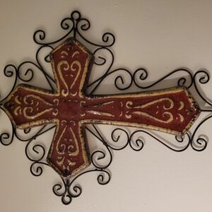 Decorative Metal Wall Cross with Red and Gold Accents